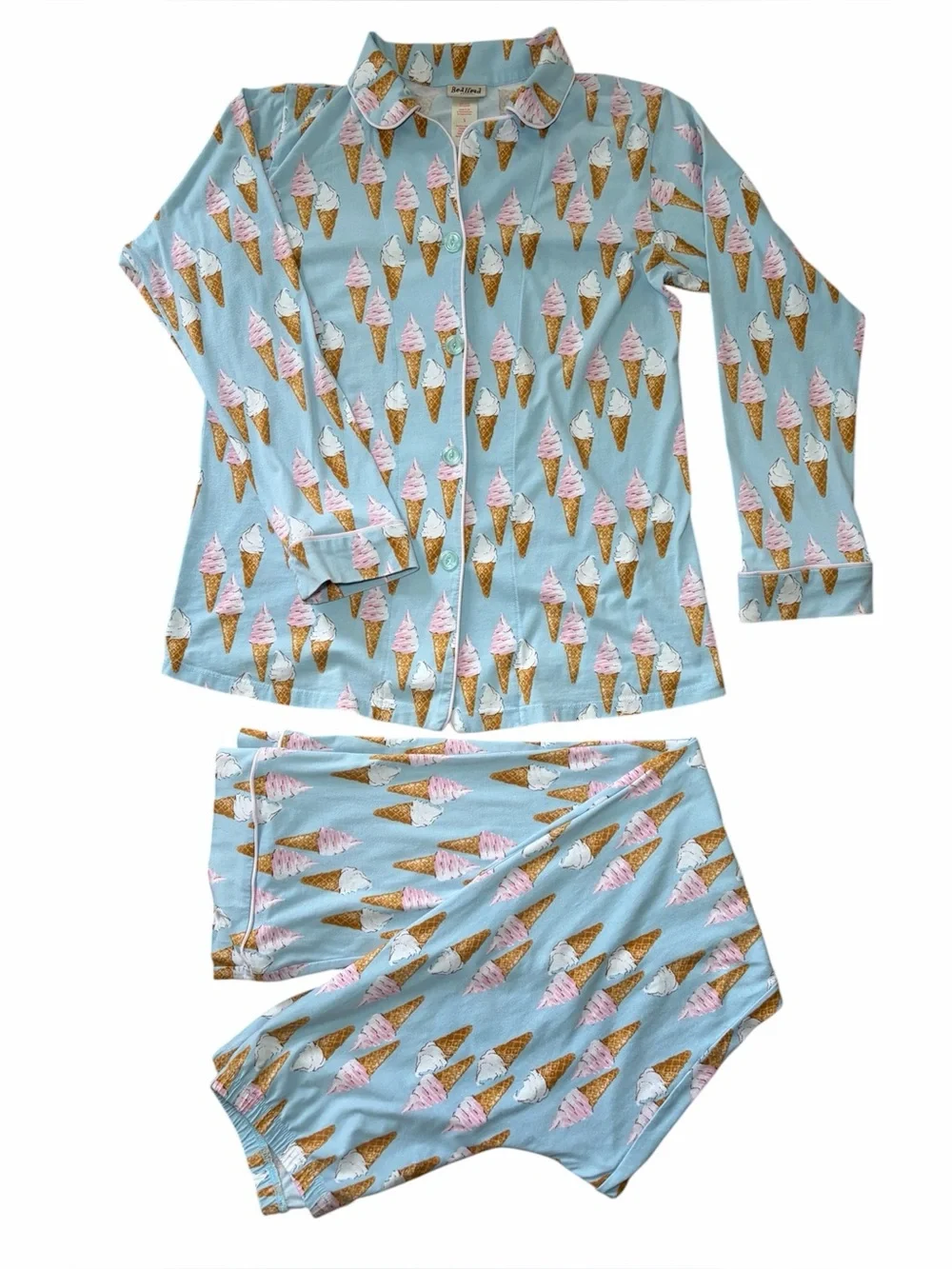 BedHead Pajamas SMALL Ice Cream Cones Light Blue Button-Down Elastic Waist